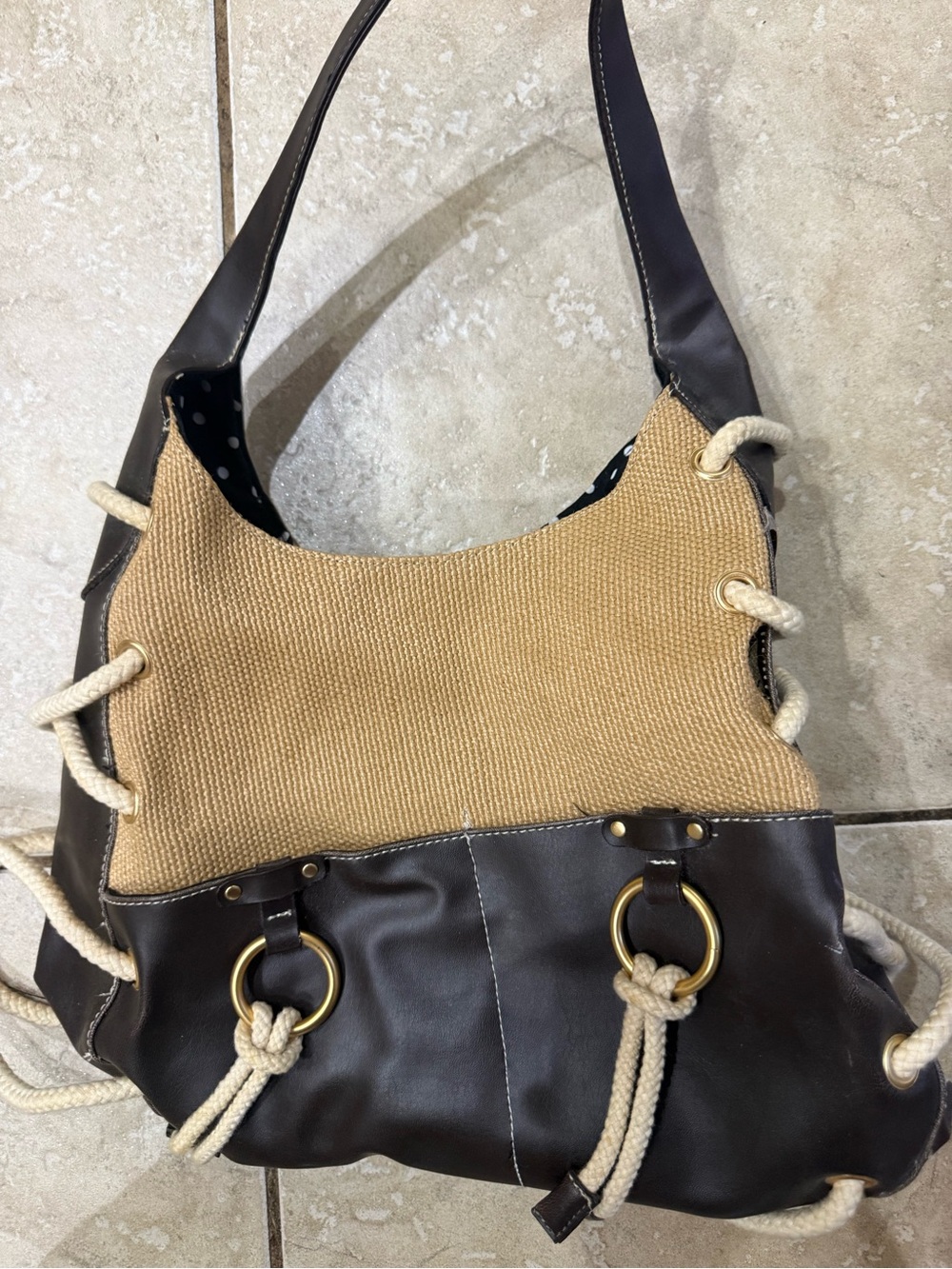 Y2K vintage summer Sondra Roberts Tan Canvas and Brown Faux-Leather Shoulder Bag